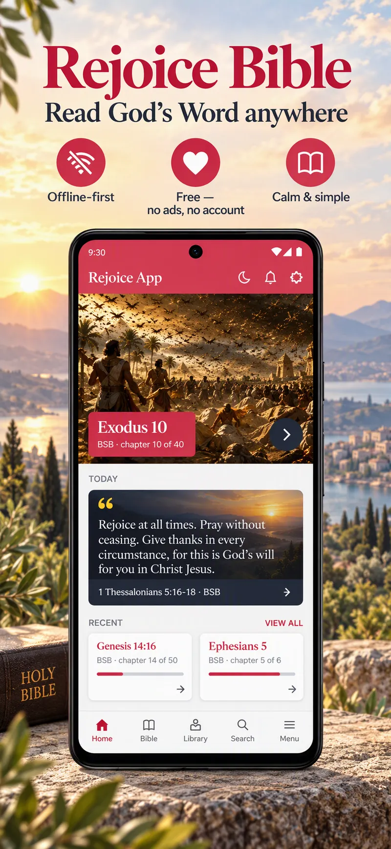 The app's Home screen: Continue reading Exodus 10 on its painting, today's verse from 1 Thessalonians 5, and recent chapters.