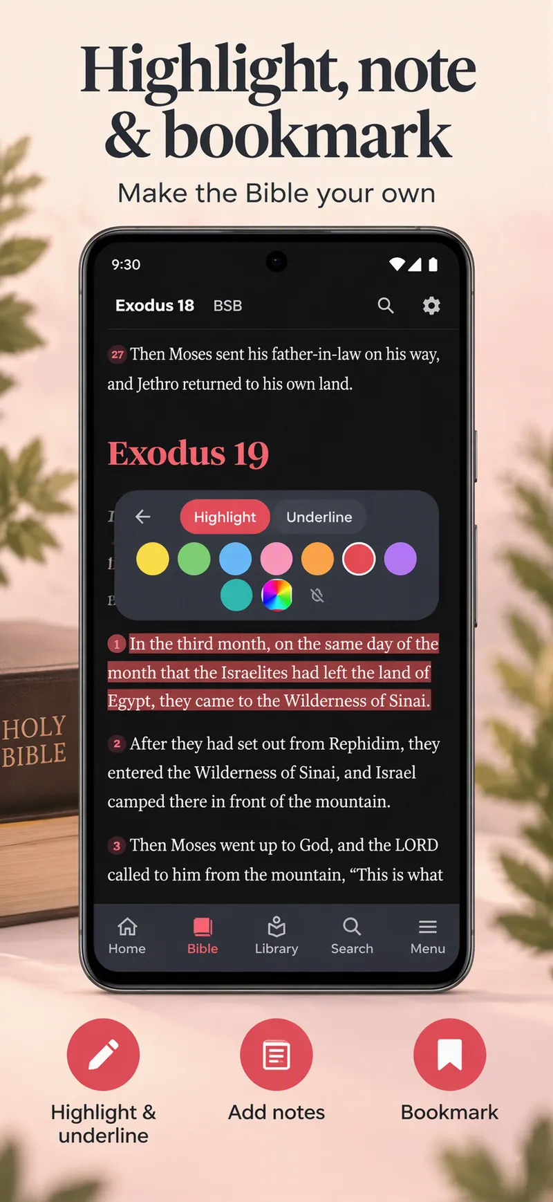 Exodus 19:1 highlighted in dark mode, with the colour picker open to highlight or underline.