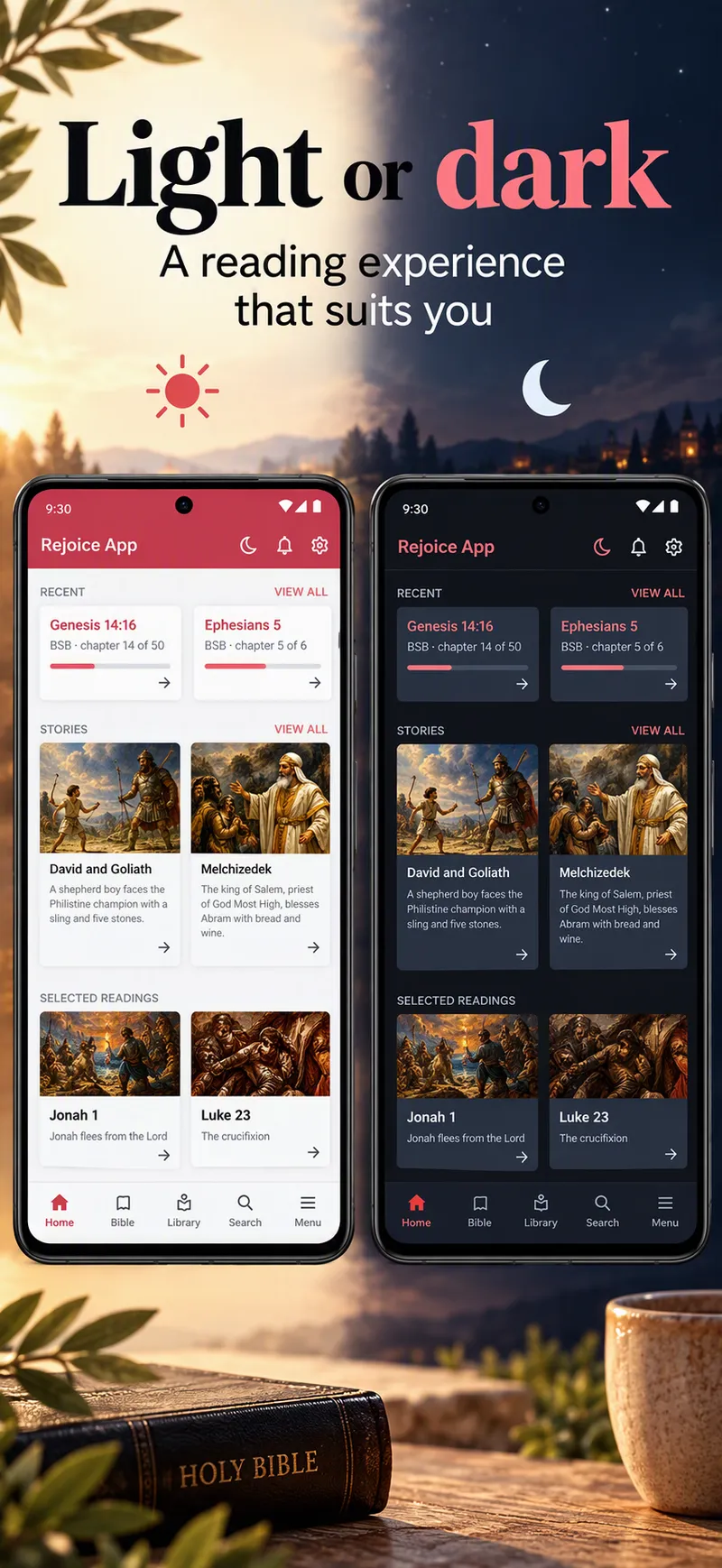 The Home screen in light and dark modes side by side, with recent chapters, stories and selected readings.